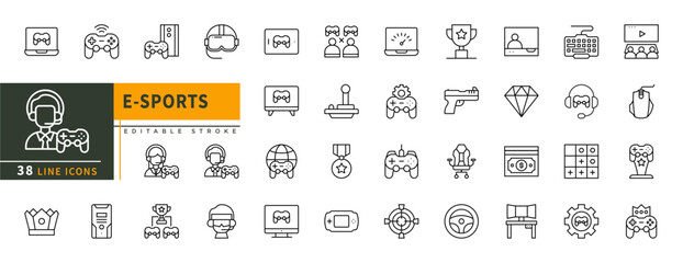Minimalist E-sport line icons set with editable stroke. thin linear illustration.