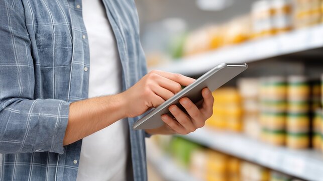 Young Asian man using tablet to scan product codes in a grocery store aisle, surrounded by shelves filled with colorful food packaging and items, showcasing modern shopping technology