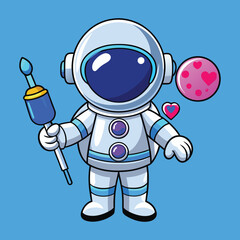 Adorable astronaut painting a planet with love, creating a sweet and heartwarming scene on a bright blue background