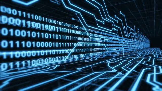 A digital tunnel of blue binary code streams and circuit board patterns extends into the distance on a dark background with a grid pattern.