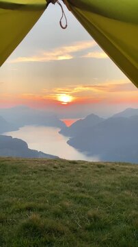 Sunset camping with an amazing view over Lake Lucerne on the Stoos