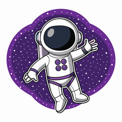 A cute astronaut in a white spacesuit floats in a purple galaxy waving hello isolated on