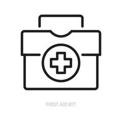 First aid kit line icon. Black outline sign. Emergency bag symbol. Medicine, medical, hospital, health, healthcare, concept. Vector illustration. Editable stroke. Isolated on a white background.