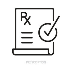 Doctor's prescription line icon. Black outline sign. Check mark symbol. Medicine, medical, hospital, health, healthcare concept. Vector illustration. Editable stroke. Isolated on a white background.