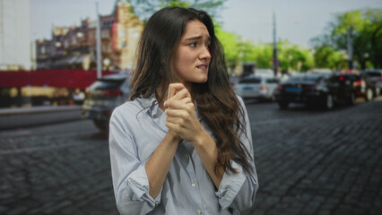Young hispanic woman in striped shirt clasping hands to chest under sunlight on busy street among...