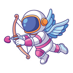 A cupid astronaut with wings shoots a heart arrow isolated on