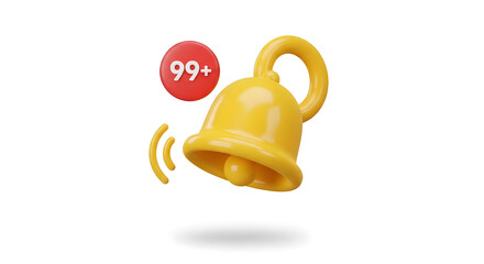 Glossy ringing notification bell with a badge indicating many new incoming messages or important alerts