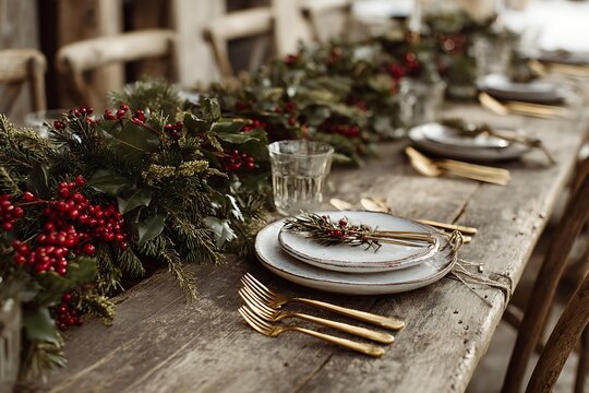 A rustic dining table decorated with evergreen branches, red berries, and elegant golden cutlery