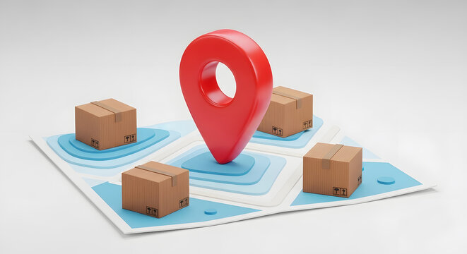 Global delivery service concept with cardboard boxes and a prominent location pin on a map