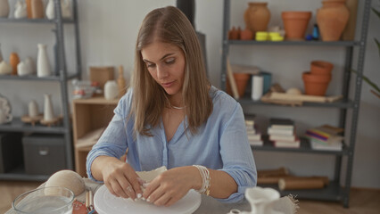 Woman shapes clay with hands on rotating wheel in bright studio filled with pottery shelves and tools; creativity serenity.