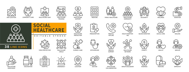 Minimalist Social Healthcare line icons set with editable stroke, featuring map location, community care, healhcare team, suppotrt, circle, virus protection, hospital, docto. thin linear illustration.