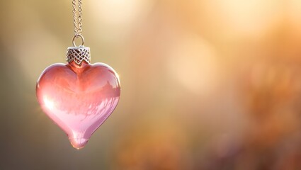 Delicate pink glass heart ornament hanging from a thin chain with a soft bokeh background of warm golden light and blurred autumn leaves