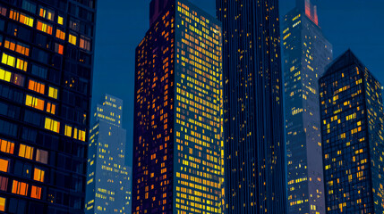 Night skyscrapers with golden windows against deep blue sky. City rhythm of light.