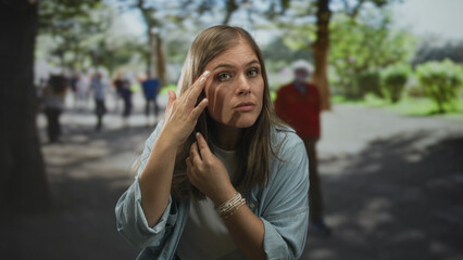 Woman touching hair in a forest park outdoors, hands near face and forehead; self reflection concern.