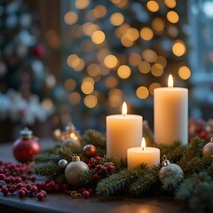 Festive Christmas Candles and Ornaments with Holiday Cheer.