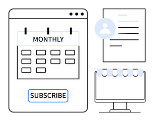 Monthly calendar with subscription button, user profile, and digital planner on monitor. Ideal for scheduling, time management, subscription services, productivity, personal organization, online