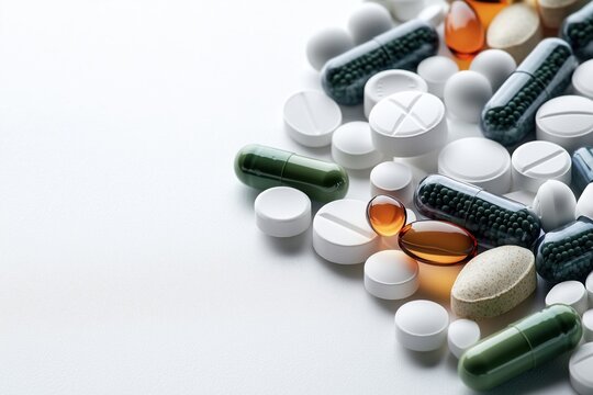 Various types of pills and capsules arranged on a clean surface highlighting health supplements and medications. Pharmaceutical industry concept, wellness and health recovery - Powered by Adobe