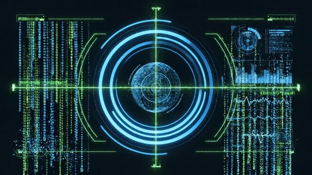 A futuristic digital graphic depicts a blue target with concentric circles and crosshairs surrounded by green circuit board patterns and binary code on a black background with a shallow