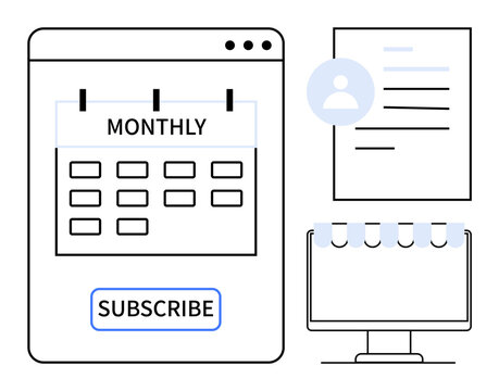 Monthly calendar with subscription button, user profile, and digital planner on monitor. Ideal for scheduling, time management, subscription services, productivity, personal organization, online
