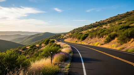 Scenic Mountain Road with Lush Greenery and Clear Blue Sky.