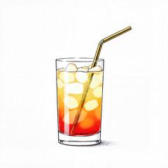 Artistic cocktail illustration with metallic straw on white background, design