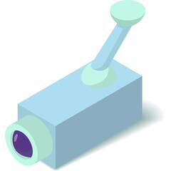 Isometric security camera in light blue and mint green with purple lens and dark gray shadow on white background