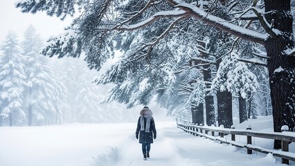 Solitary figure walking through a snow-covered winter landscape.