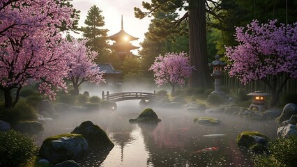 Serene Japanese Garden with Cherry Blossoms and Pagoda.