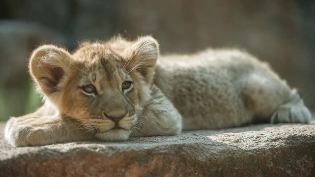lion cub and lioness, animal, lying baby lion on stone and rock