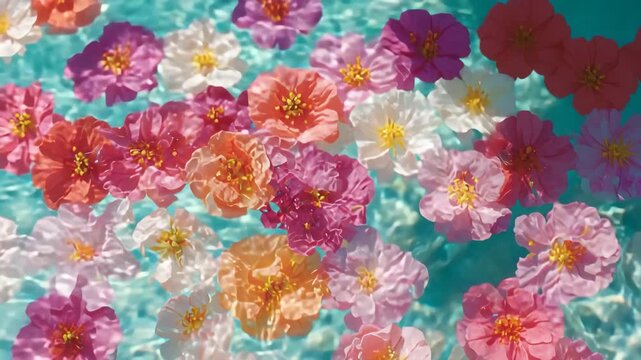 colorful watercolor background, flower in water, pool, blue water