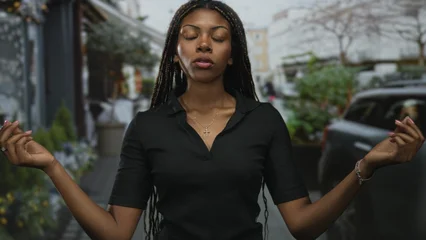 Fotobehang Lotusbloem Woman with closed eyes meditating with hands open in a lotus gesture on a city street  mindfulness meditation serenity.  © Krakenimages.com