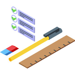 Isometric Set of Educational Tools Including a Ruler Eraser and Measuring Tape Next to a Checklist on a Transparent Background