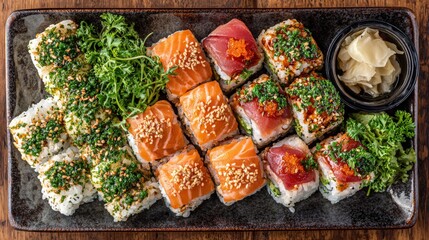 Assortment of beautifully presented sushi rolls served on a dark platter with pickled ginger and fresh greens