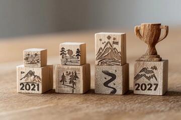 Wooden blocks display carved landscapes and a trophy symbolizing milestones from 2021 to 2027