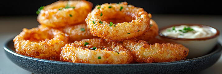 Crispy deep-fried onion rings served with dipping sauce Generative AI