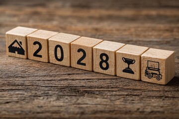 Creative wooden blocks display the year 2028 along with symbols of achievement and adventure on a rustic wooden surface