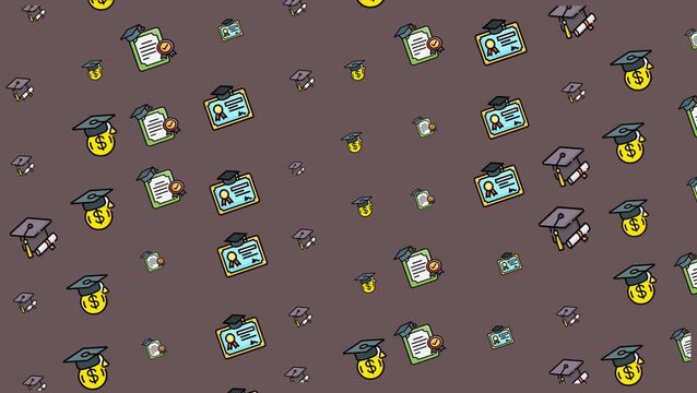 Looping seamless pattern featuring certificates, graduation caps, scholarship dollar icons, and academic elements in a playful cartoon style on a brown background.