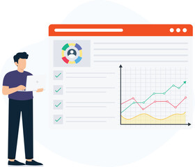 Man analyzing data on business dashboard with laptop showing performance report growth chart user analytics project management marketing strategy financial data web interface progress tracking