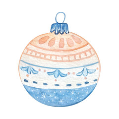 Watercolor Ornaments Ball, Christmas Blue Scandinavian illustration for design card and print.