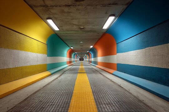 Colorful pedestrian tunnel with vibrant walls and yellow pathway for safety in urban setting - Powered by Adobe