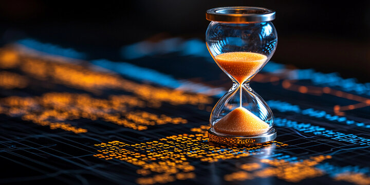 Transparent hourglass placed over economic charts at night Generative AI