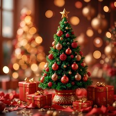 Festive Christmas Tree with Ornaments and Glittering Lights Christmas Wallpaper. 
