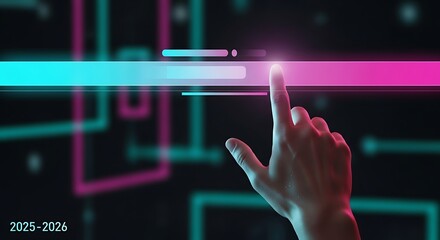 Human finger touching glowing neon digital interface with futuristic grid and year 2025-2026 hand pressing