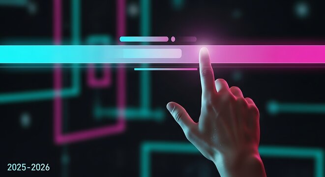 Human finger touching glowing neon digital interface with futuristic grid and year 2025-2026 hand pressing