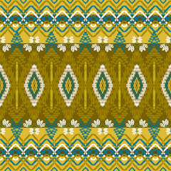 A seamless, decorative vector pattern inspired by traditional Aztec, tribal, or folk embroidery. The design features geometric shapes like diamonds and zigzag lines in a dominant palette of olive.