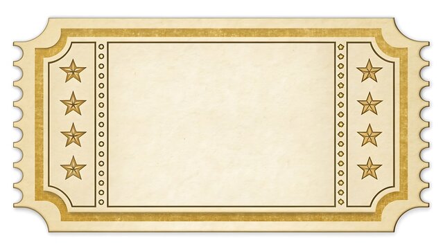 Vintage blank admission ticket or coupon with ornate gold border, stars, and perforated edge, perfect for event entry, raffle, or award certificate, isolated on white background