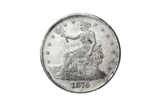 USA one silver trade dollar  coin replica with Liberty on the obverse dated 1876 and an Eagle on the reverse back png file cut out and isolated on a transparent background, coinage collecting stock 