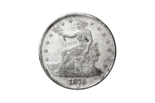 USA one silver trade dollar  coin replica with Liberty on the obverse dated 1876 and an Eagle on the reverse back png file cut out and isolated on a transparent background, coinage collecting stock  - Powered by Adobe