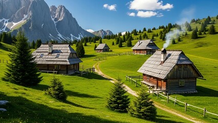 Idyllic Mountain Village Scene with Traditional Wooden Houses.