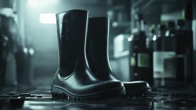 A pair of black rain boots sitting on a wet floor, suitable for use in weather-related or maintenance-themed - Powered by Adobe